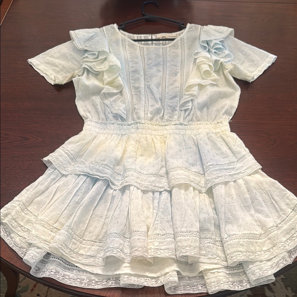 Love Shack Fancy Natasha Ruffled Eyelet Dress in Light and Yellow Tie Die